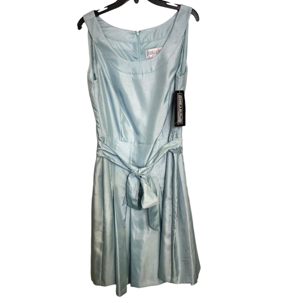 Jessica Howard Light Blue Satin Midi Dress with Waist Tie